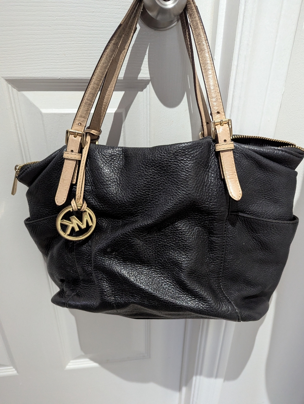 Michael Kors Black Leather Shoulder Tote with Beige Straps
